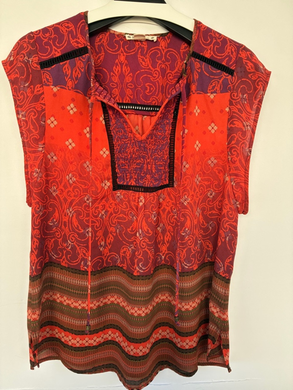 Ruff Hewn Red Patterned Cap-Sleeve Top Boho Bohemian Blouse Medium